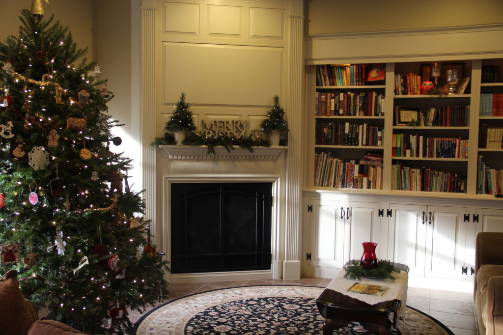 Family room mantle and tree.